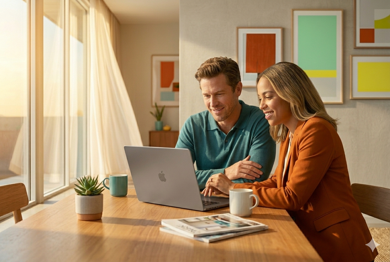A couple sitting together at a table, happily browsing personalized product recommendations on their laptop